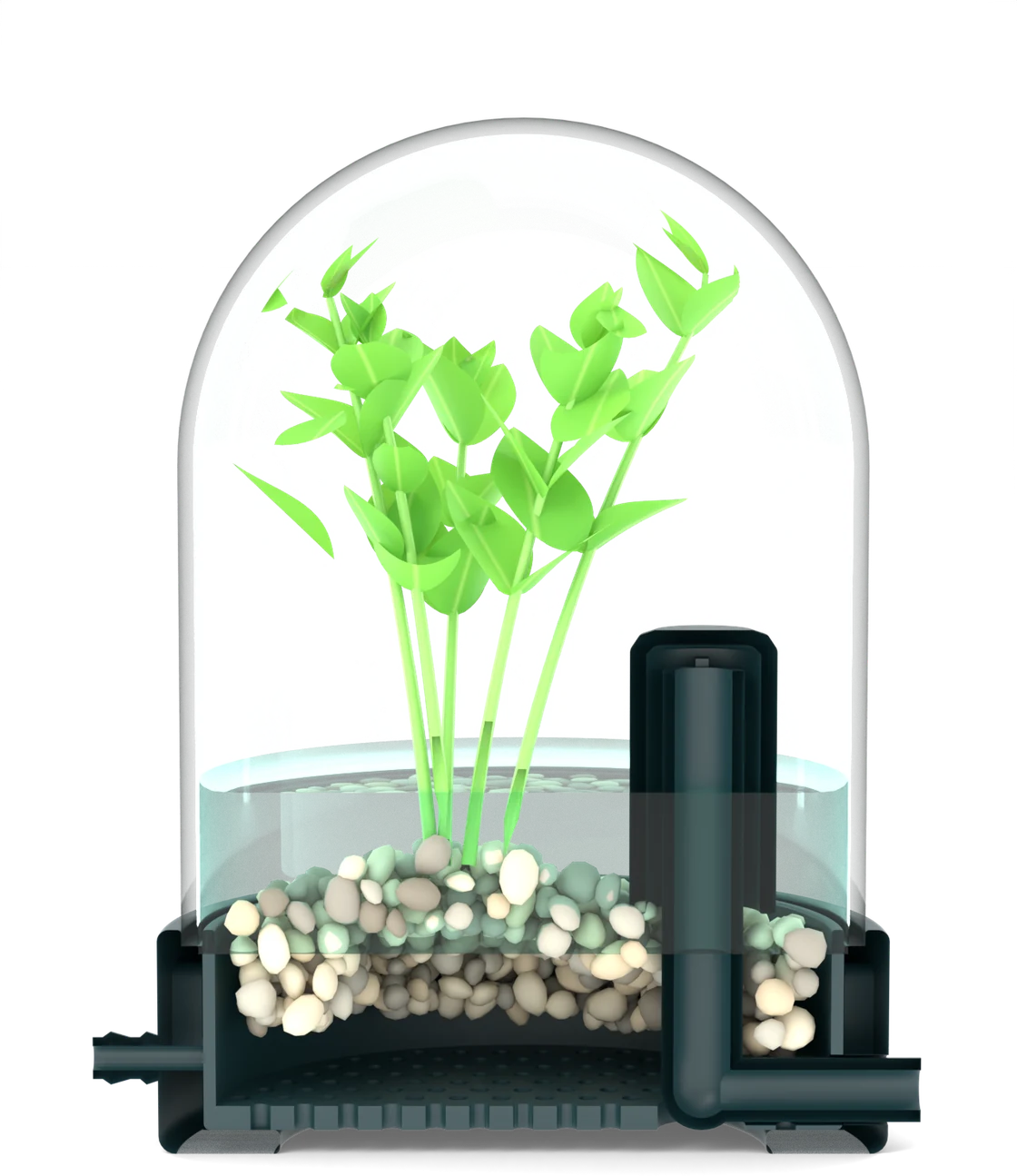 Cutaway of the base showing the reverse bell siphon